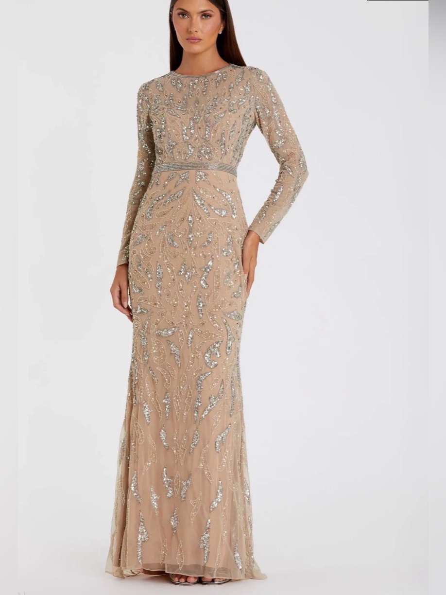 Embellished Long Sleeve Nude Evening Gown